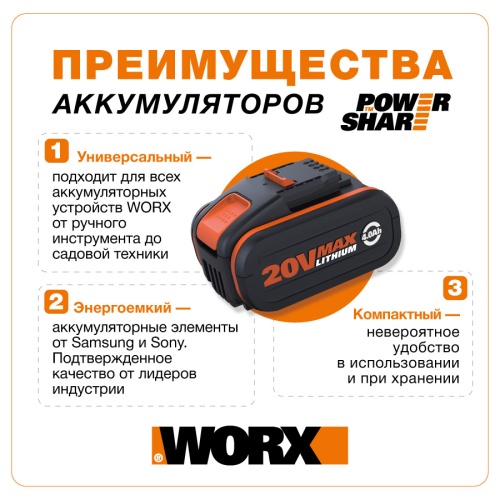Комплект WORX WA3610 20V – два аккумулятора на 2Ач и двойное зарядное устройство в 2А (1А+1А) 