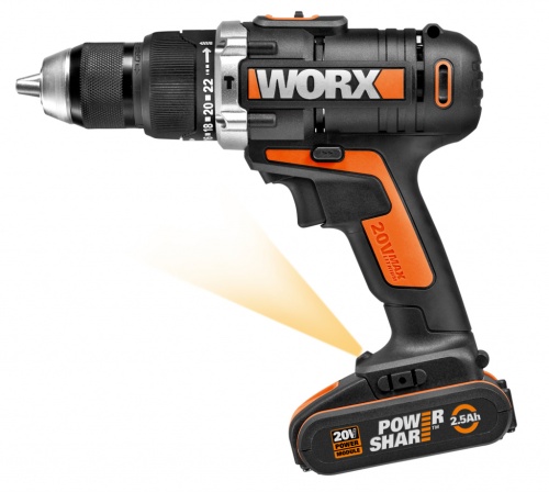 Дрель-шуруповерт ударная WORX WX372 аккумуляторная 20V 50Нм, с двумя АКБ на 2Ач и ЗУ, в кейсе